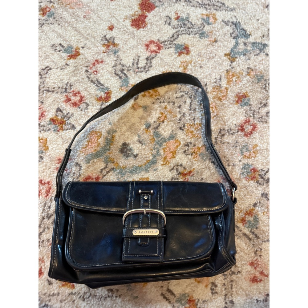 Rosetti Black Faux Leather Y2K Shoulder Bag White Stitching Buckle Accent